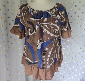 Terzo Millennio Brown Linen Paisley Pattern Short Sleeve Ruffled Trim Shirt